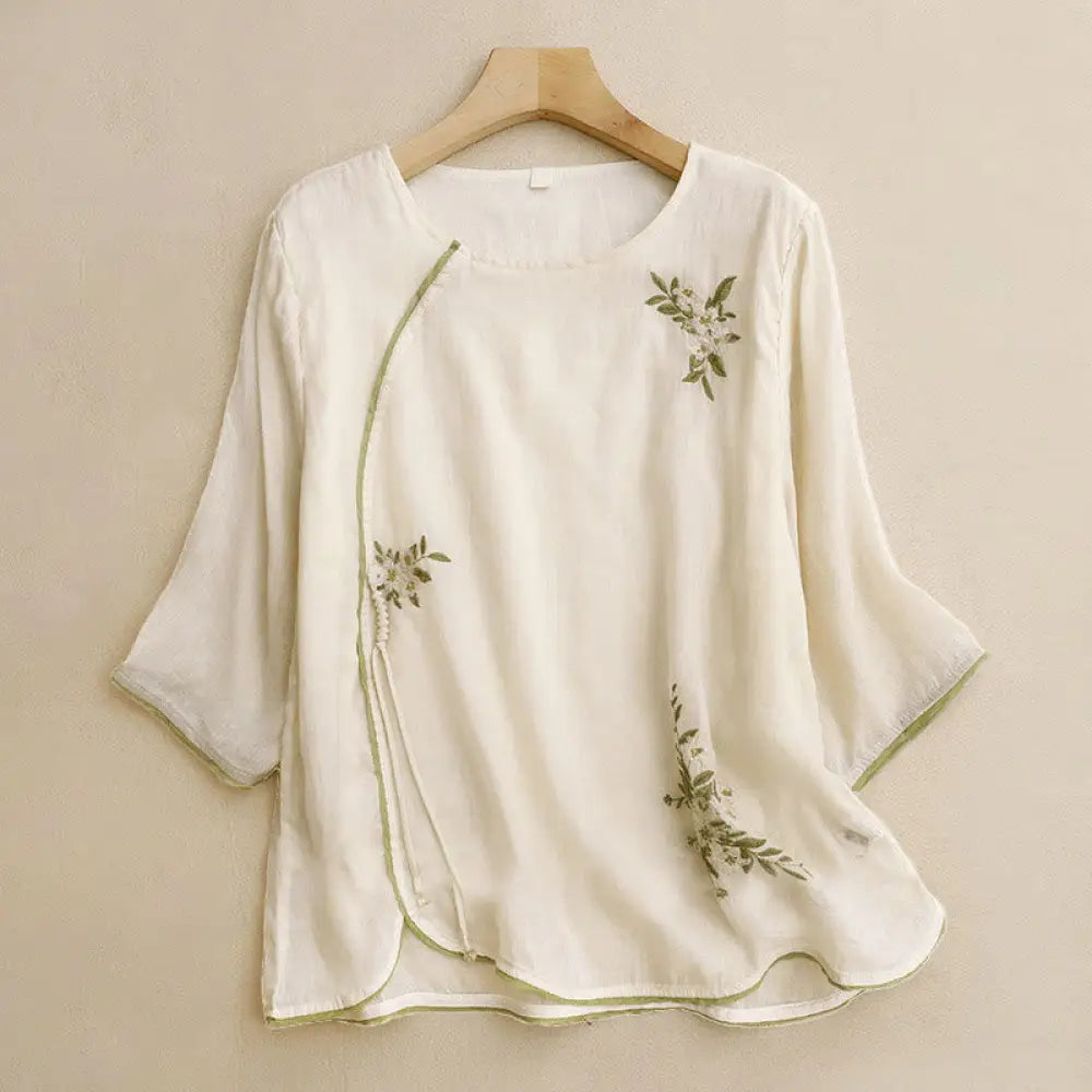 BWOOOH Beige Floral Green Leaf Embroidery Crew Neck Three