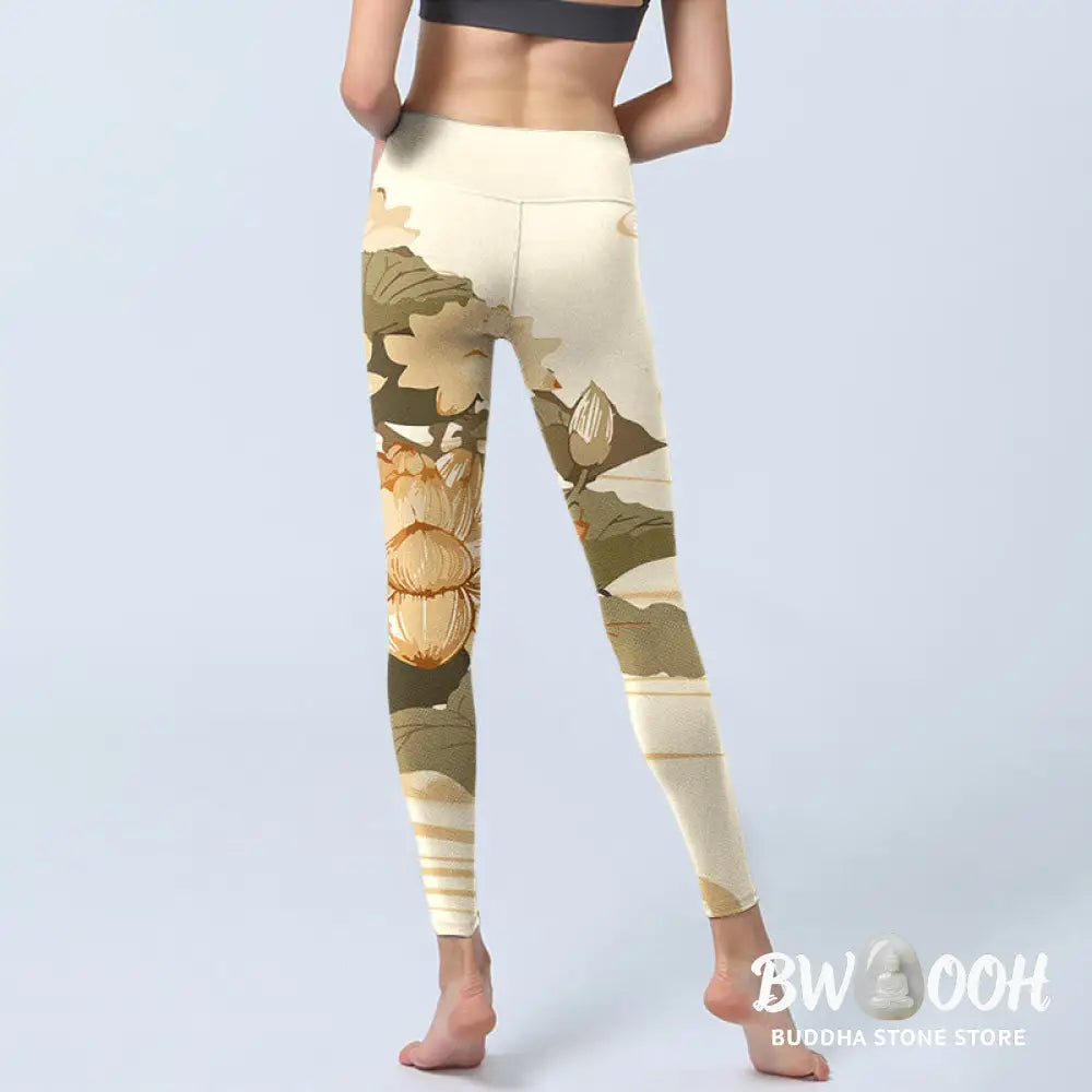 BWOOOH lotus print yoga leggings - Beige Lotus Flower Print Gym Fitness Leg