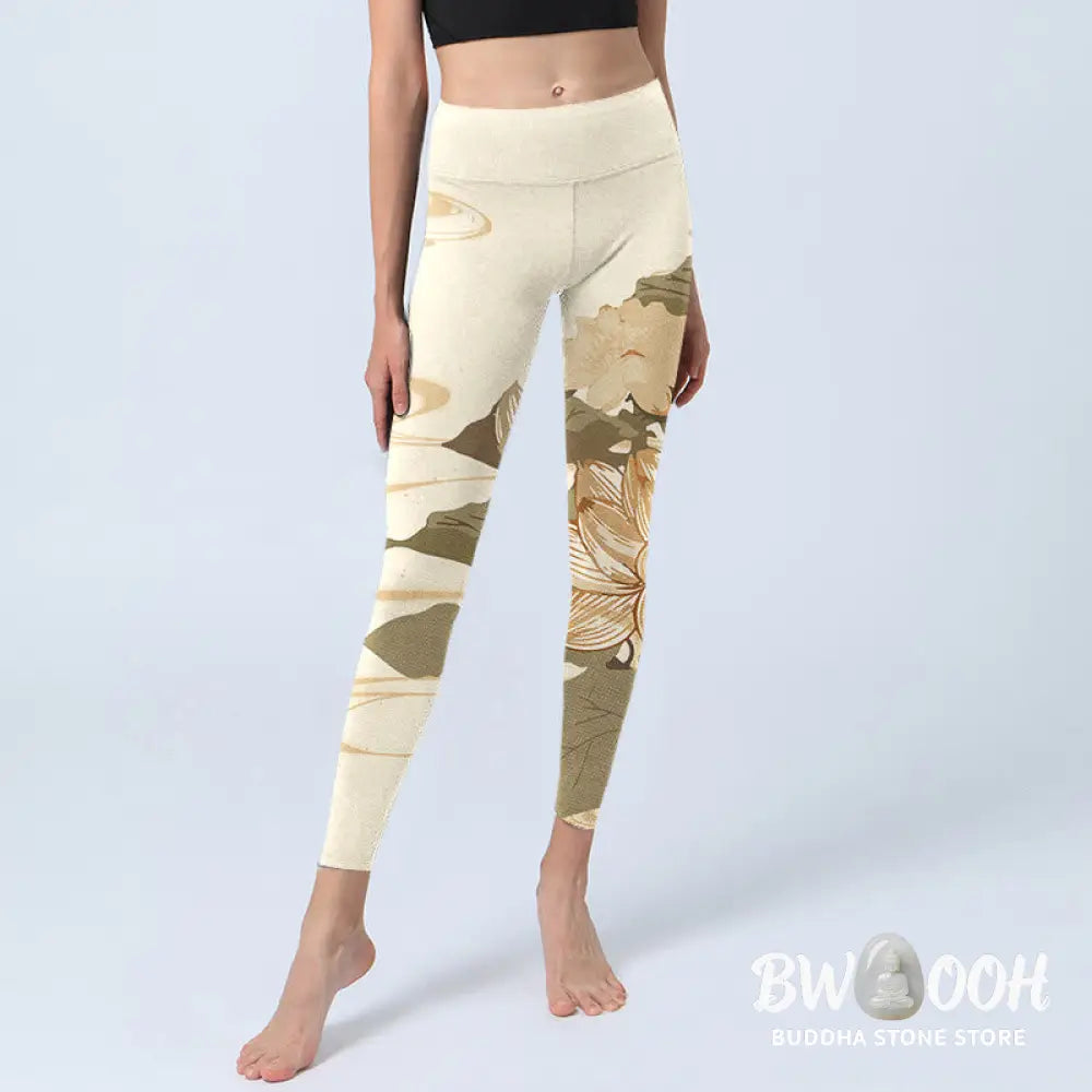 BWOOOH lotus print yoga leggings - Beige Lotus Flower Print Gym Fitness Leg