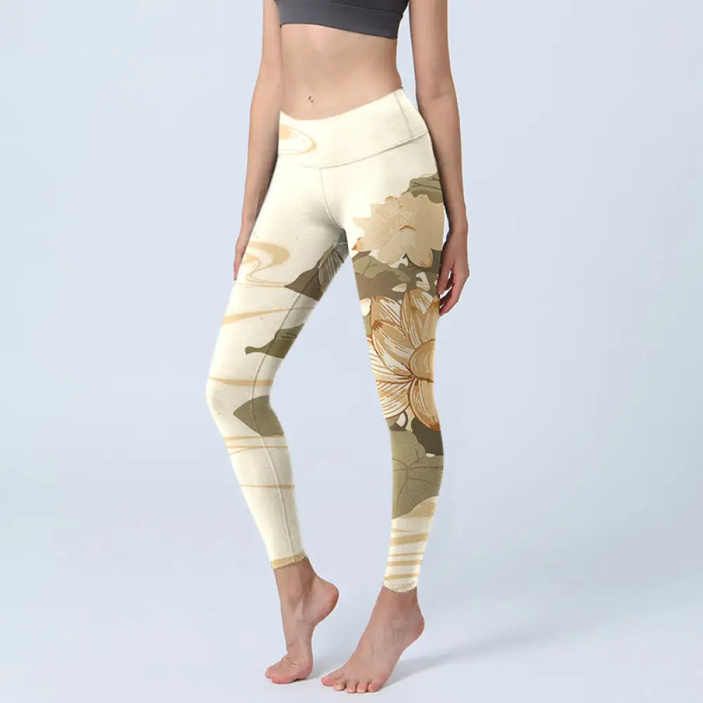 BWOOOH lotus print yoga leggings - Beige Lotus Flower Print Gym Fitness Leg