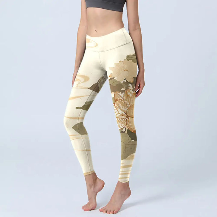 BWOOOH lotus print yoga leggings - Beige Lotus Flower Print Gym Fitness Leg