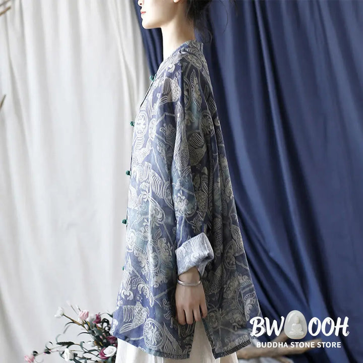 Buddha Stones Birds Flowers Geometry Frog-Button Long Sleeve Ramie Linen Jacket Shirt - F(Bust 174cm/Shoulder