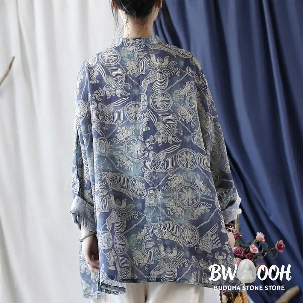 Buddha Stones Birds Flowers Geometry Frog-Button Long Sleeve Ramie Linen Jacket Shirt - F(Bust 174cm/Shoulder