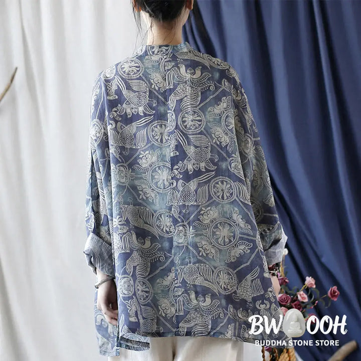 Buddha Stones Birds Flowers Geometry Frog-Button Long Sleeve Ramie Linen Jacket Shirt - F(Bust 174cm/Shoulder