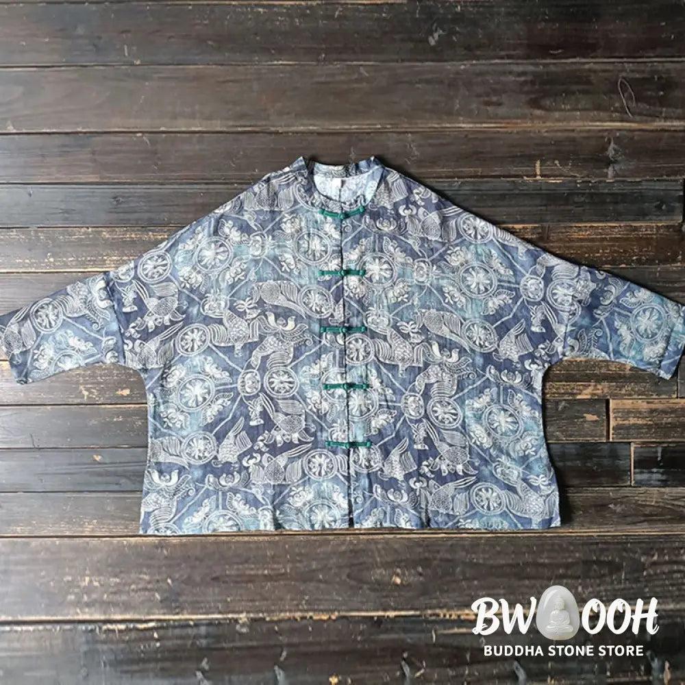 Buddha Stones Birds Flowers Geometry Frog-Button Long Sleeve Ramie Linen Jacket Shirt - F(Bust 174cm/Shoulder