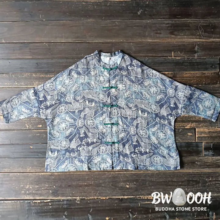 Buddha Stones Birds Flowers Geometry Frog-Button Long Sleeve Ramie Linen Jacket Shirt - F(Bust 174cm/Shoulder