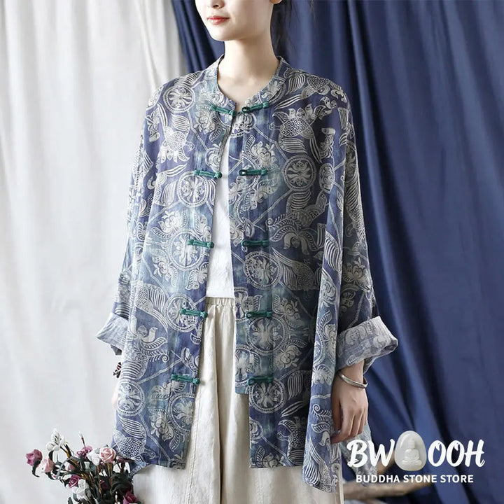 Buddha Stones Birds Flowers Geometry Frog-Button Long Sleeve Ramie Linen Jacket Shirt - F(Bust 174cm/Shoulder