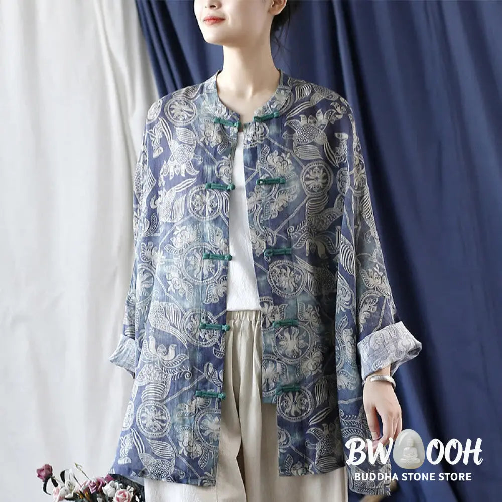 Buddha Stones Birds Flowers Geometry Frog-Button Long Sleeve Ramie Linen Jacket Shirt - F(Bust 174cm/Shoulder