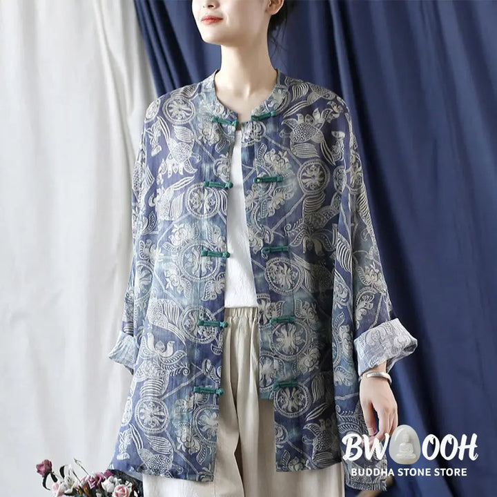 Buddha Stones Birds Flowers Geometry Frog-Button Long Sleeve Ramie Linen Jacket Shirt - F(Bust 174cm/Shoulder