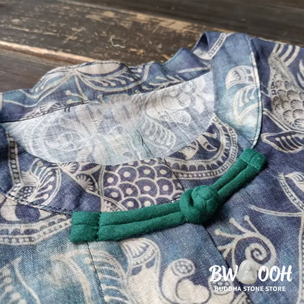 Buddha Stones Birds Flowers Geometry Frog-Button Long Sleeve Ramie Linen Jacket Shirt - F(Bust 174cm/Shoulder