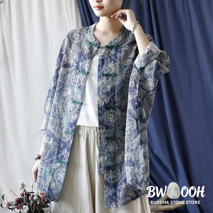 Buddha Stones Birds Flowers Geometry Frog-Button Long Sleeve Ramie Linen Jacket Shirt - F(Bust 174cm/Shoulder