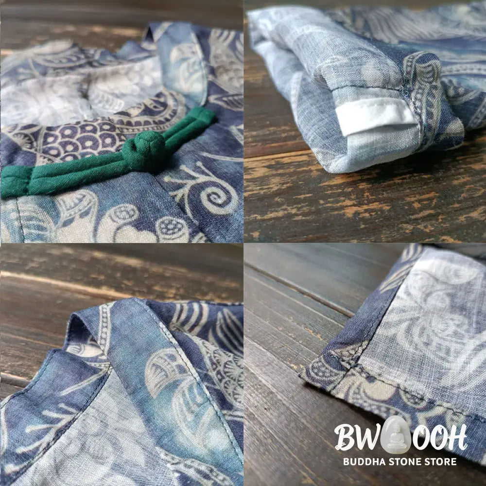 Buddha Stones Birds Flowers Geometry Frog-Button Long Sleeve Ramie Linen Jacket Shirt - F(Bust 174cm/Shoulder