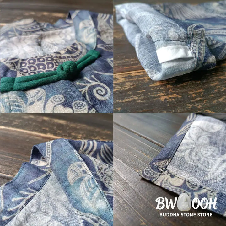 Buddha Stones Birds Flowers Geometry Frog-Button Long Sleeve Ramie Linen Jacket Shirt - F(Bust 174cm/Shoulder