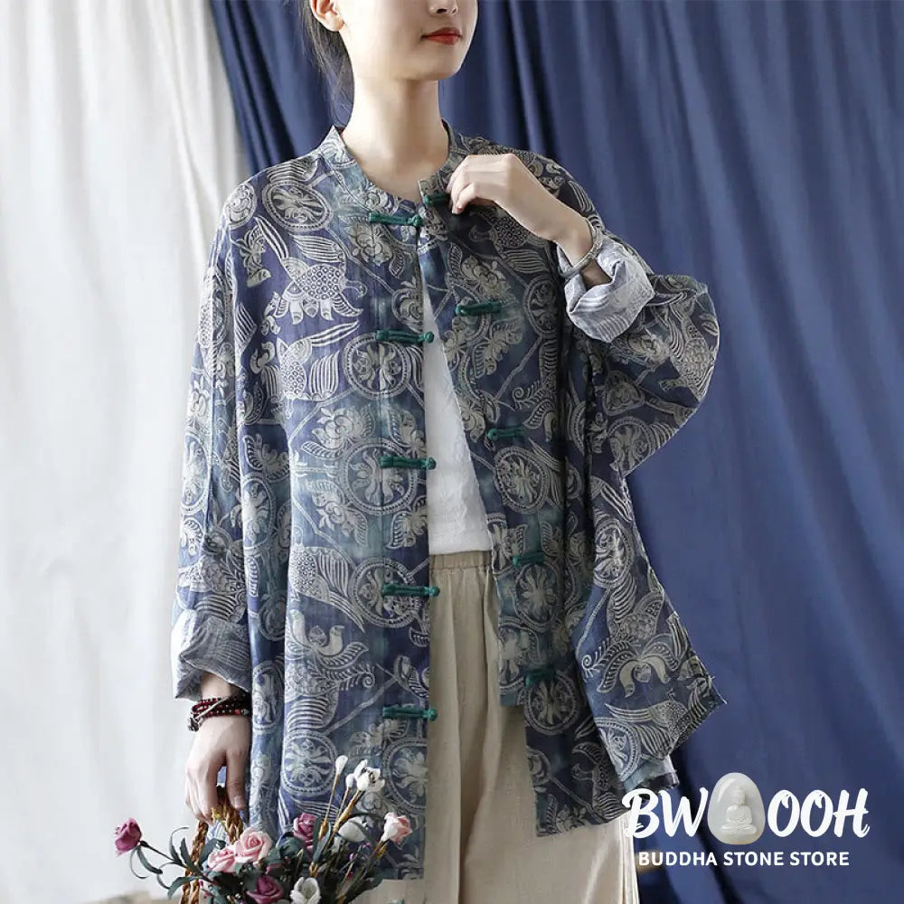 Buddha Stones Birds Flowers Geometry Frog-Button Long Sleeve Ramie Linen Jacket Shirt - F(Bust 174cm/Shoulder