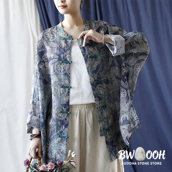 Buddha Stones Birds Flowers Geometry Frog-Button Long Sleeve Ramie Linen Jacket Shirt - F(Bust 174cm/Shoulder