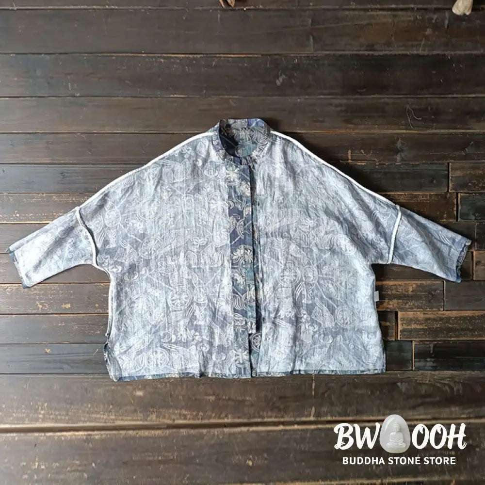 Buddha Stones Birds Flowers Geometry Frog-Button Long Sleeve Ramie Linen Jacket Shirt - F(Bust 174cm/Shoulder