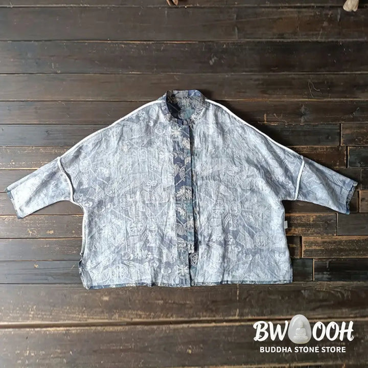 Buddha Stones Birds Flowers Geometry Frog-Button Long Sleeve Ramie Linen Jacket Shirt - F(Bust 174cm/Shoulder