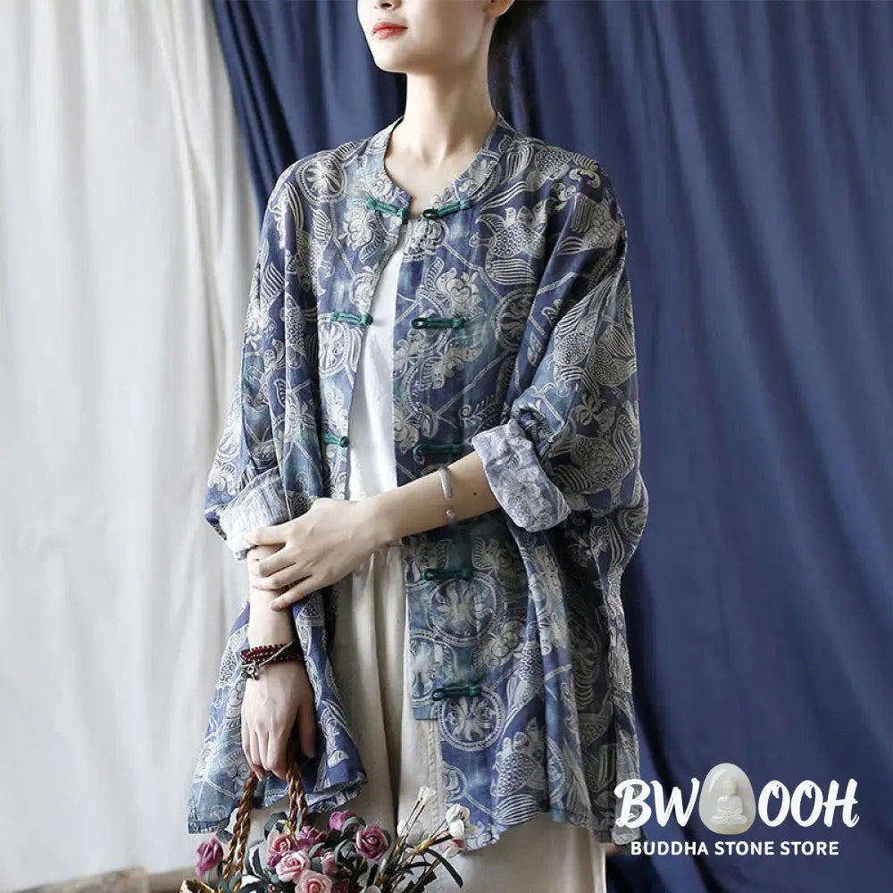 Buddha Stones Birds Flowers Geometry Frog-Button Long Sleeve Ramie Linen Jacket Shirt - F(Bust 174cm/Shoulder