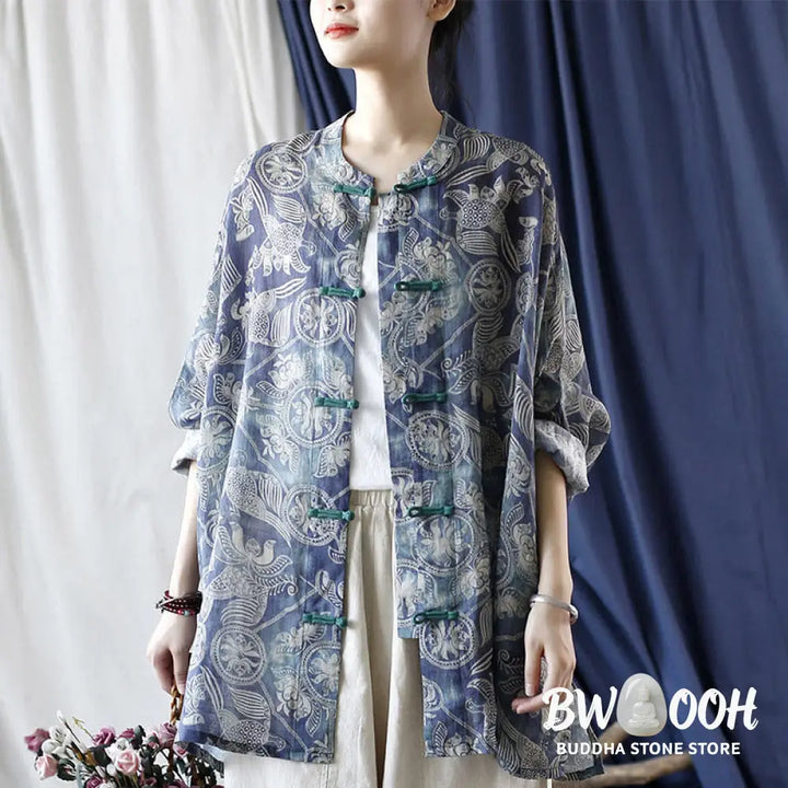 Buddha Stones Birds Flowers Geometry Frog-Button Long Sleeve Ramie Linen Jacket Shirt - F(Bust 174cm/Shoulder