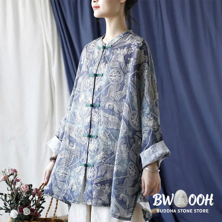 Buddha Stones Birds Flowers Geometry Frog-Button Long Sleeve Ramie Linen Jacket Shirt - F(Bust 174cm/Shoulder