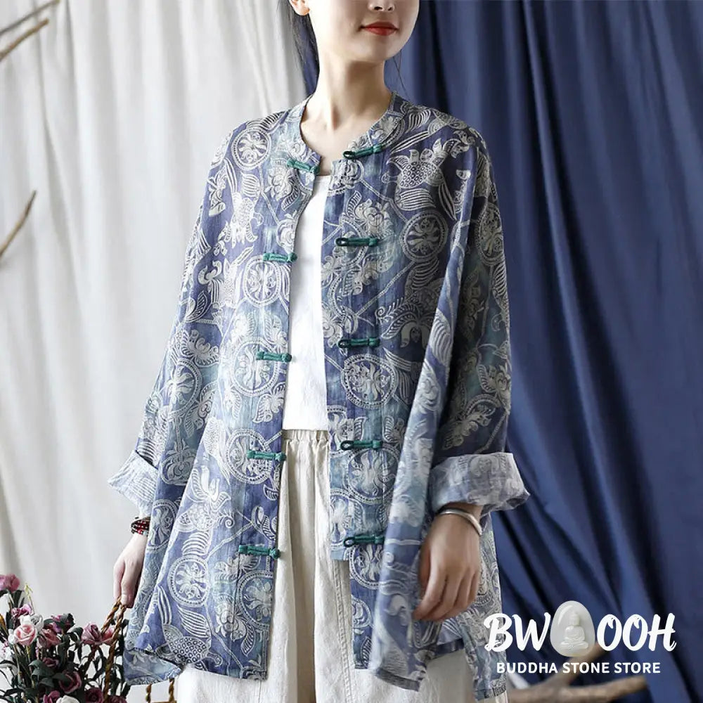 Buddha Stones Birds Flowers Geometry Frog-Button Long Sleeve Ramie Linen Jacket Shirt - F(Bust 174cm/Shoulder