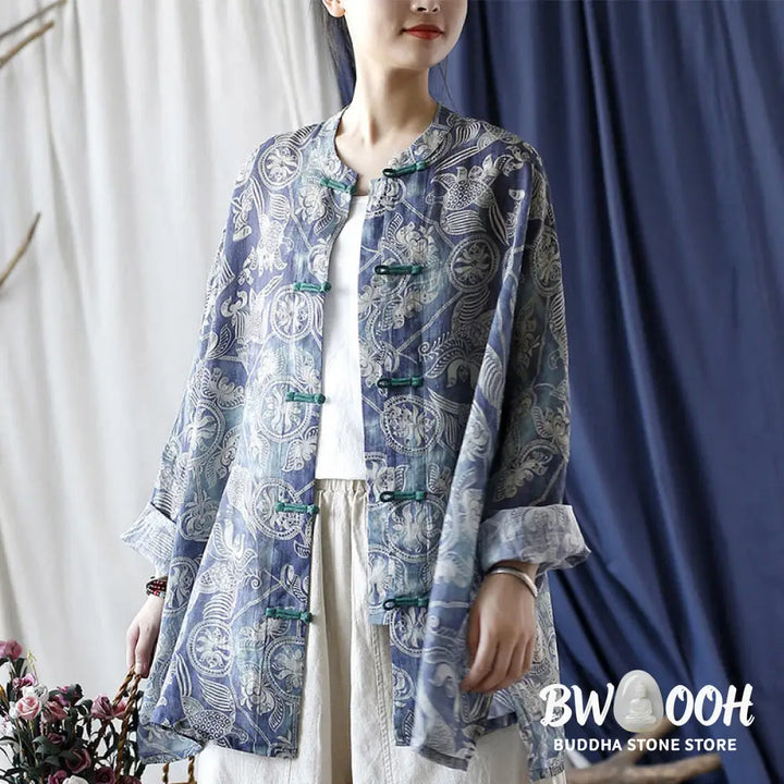 Buddha Stones Birds Flowers Geometry Frog-Button Long Sleeve Ramie Linen Jacket Shirt - F(Bust 174cm/Shoulder