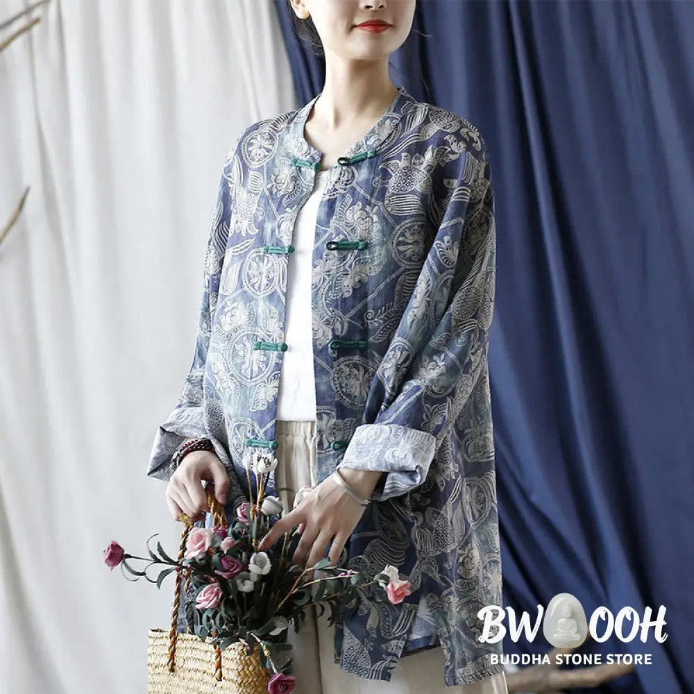Buddha Stones Birds Flowers Geometry Frog-Button Long Sleeve Ramie Linen Jacket Shirt - F(Bust 174cm/Shoulder