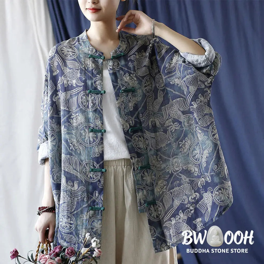 Buddha Stones Birds Flowers Geometry Frog-Button Long Sleeve Ramie Linen Jacket Shirt - F(Bust 174cm/Shoulder