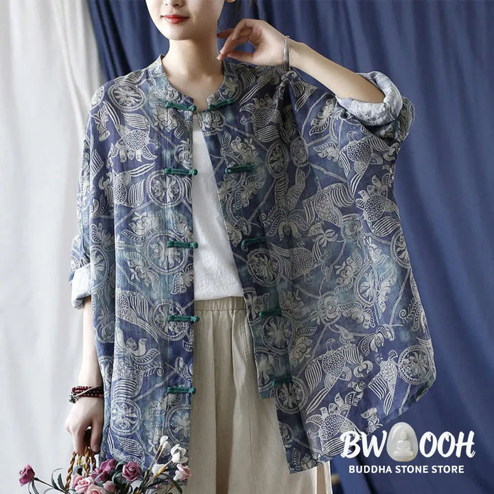 Buddha Stones Birds Flowers Geometry Frog-Button Long Sleeve Ramie Linen Jacket Shirt - F(Bust 174cm/Shoulder