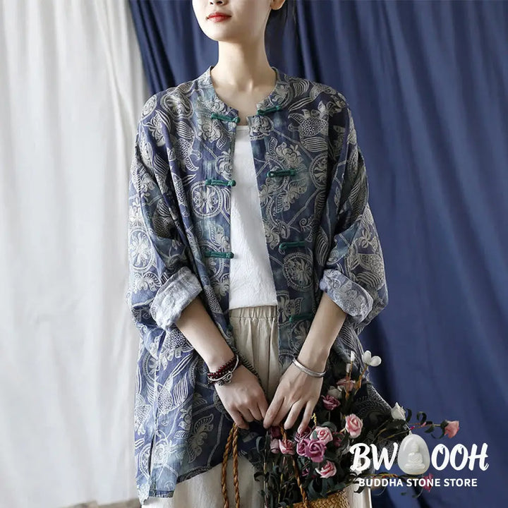 Buddha Stones Birds Flowers Geometry Frog-Button Long Sleeve Ramie Linen Jacket Shirt - F(Bust 174cm/Shoulder