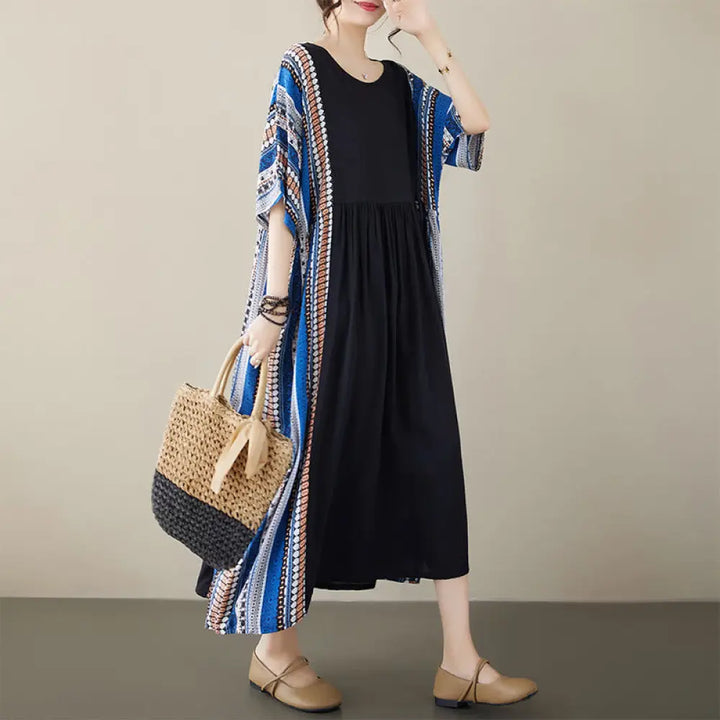 BWOOOH Black Blue Stripes Short Sleeve Midi Dress With Po