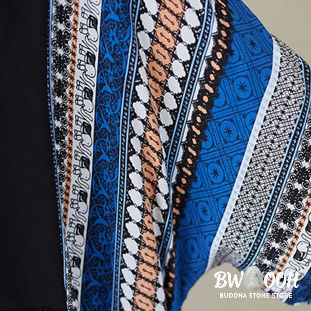Buddha Stones Black Blue Stripes Short Sleeve Midi Dress With Pockets - F(Fit for US4-14; UK/AU8-18; EU36-46) - Midi