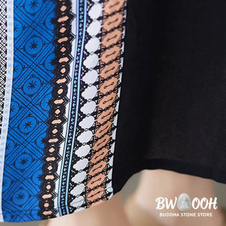 Buddha Stones Black Blue Stripes Short Sleeve Midi Dress With Pockets - F(Fit for US4-14; UK/AU8-18; EU36-46) - Midi