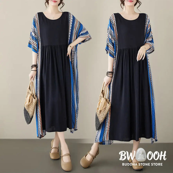 Buddha Stones Black Blue Stripes Short Sleeve Midi Dress With Pockets - F(Fit for US4-14; UK/AU8-18; EU36-46) - Midi