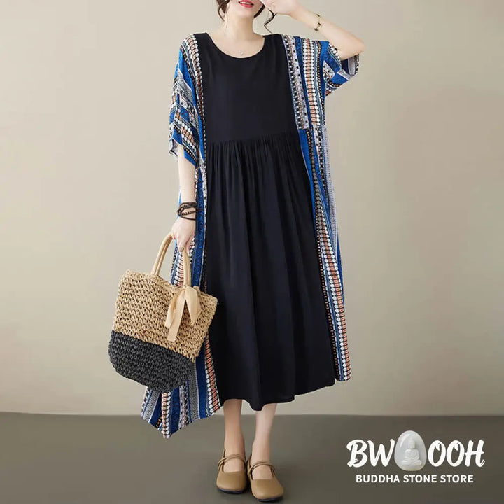 Buddha Stones Black Blue Stripes Short Sleeve Midi Dress With Pockets - F(Fit for US4-14; UK/AU8-18; EU36-46) - Midi