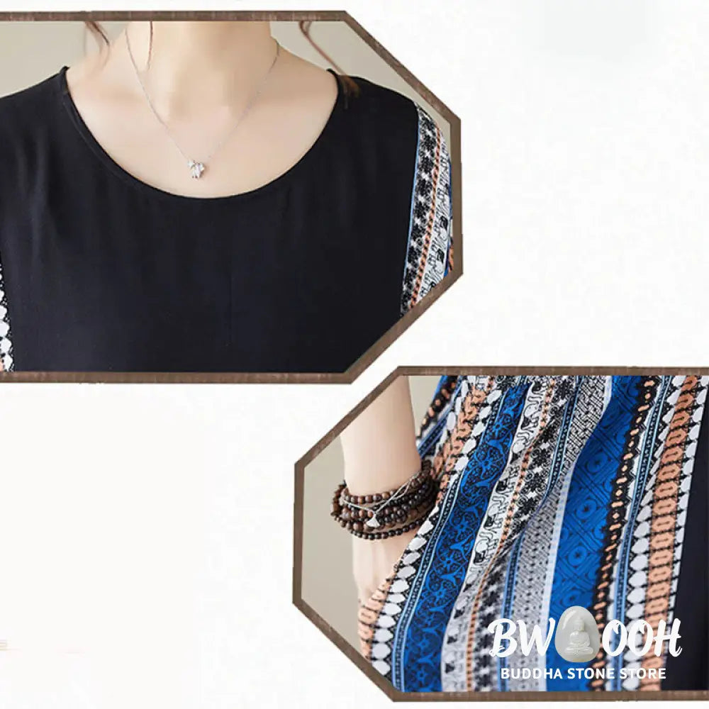 Buddha Stones Black Blue Stripes Short Sleeve Midi Dress With Pockets - F(Fit for US4-14; UK/AU8-18; EU36-46) - Midi
