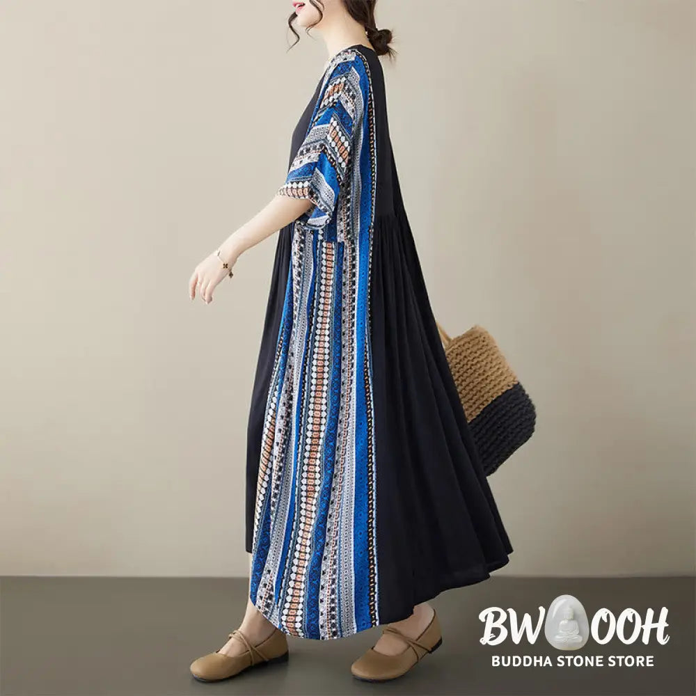 Buddha Stones Black Blue Stripes Short Sleeve Midi Dress With Pockets - F(Fit for US4-14; UK/AU8-18; EU36-46) - Midi