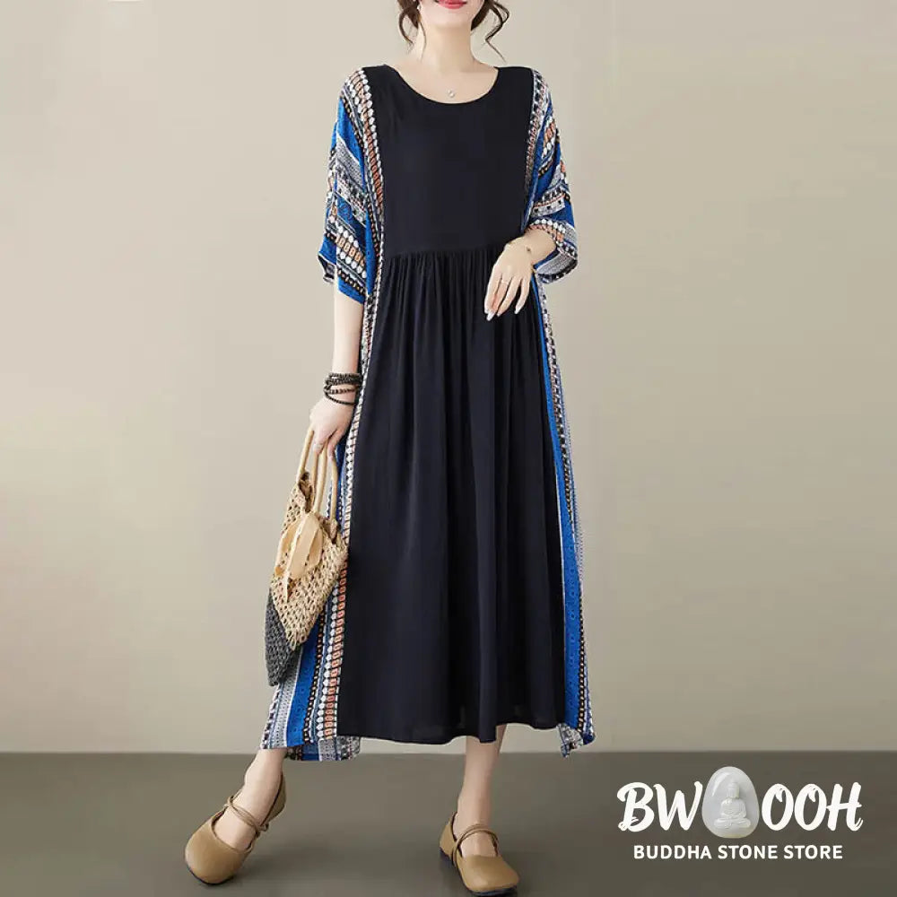 Buddha Stones Black Blue Stripes Short Sleeve Midi Dress With Pockets - F(Fit for US4-14; UK/AU8-18; EU36-46) - Midi