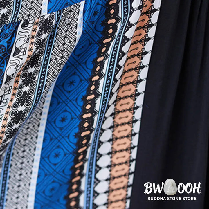 Buddha Stones Black Blue Stripes Short Sleeve Midi Dress With Pockets - F(Fit for US4-14; UK/AU8-18; EU36-46) - Midi