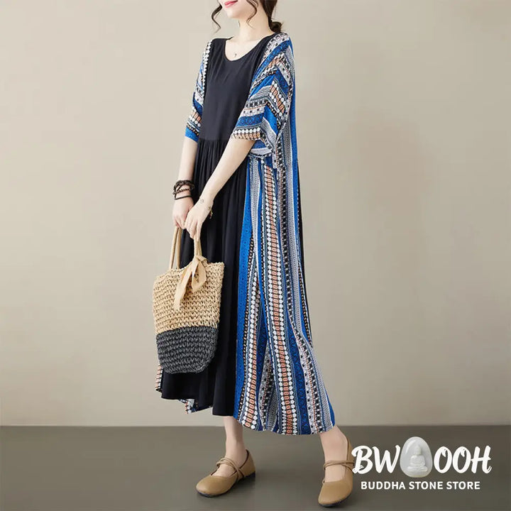 Buddha Stones Black Blue Stripes Short Sleeve Midi Dress With Pockets - F(Fit for US4-14; UK/AU8-18; EU36-46) - Midi