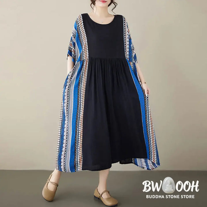 Buddha Stones Black Blue Stripes Short Sleeve Midi Dress With Pockets - F(Fit for US4-14; UK/AU8-18; EU36-46) - Midi
