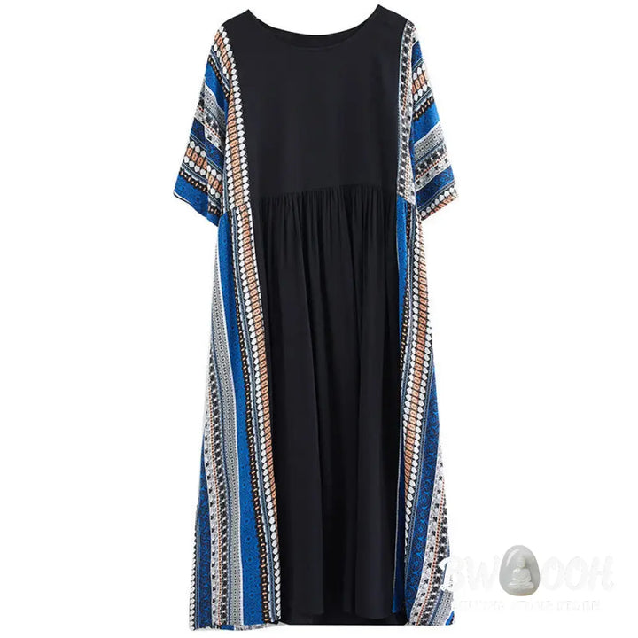 Buddha Stones Black Blue Stripes Short Sleeve Midi Dress With Pockets - F(Fit for US4-14; UK/AU8-18; EU36-46) - Midi