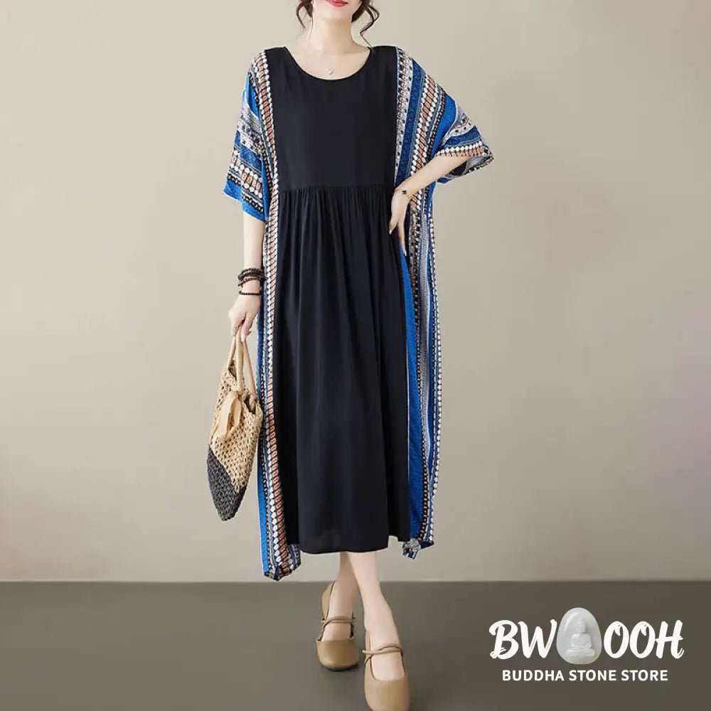 Buddha Stones Black Blue Stripes Short Sleeve Midi Dress With Pockets - F(Fit for US4-14; UK/AU8-18; EU36-46) - Midi