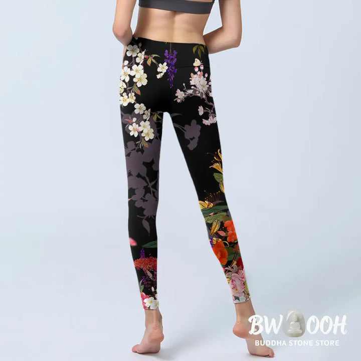 BWOOOH printed yoga leggings - Black Colorful Flowers Print Gym Legging