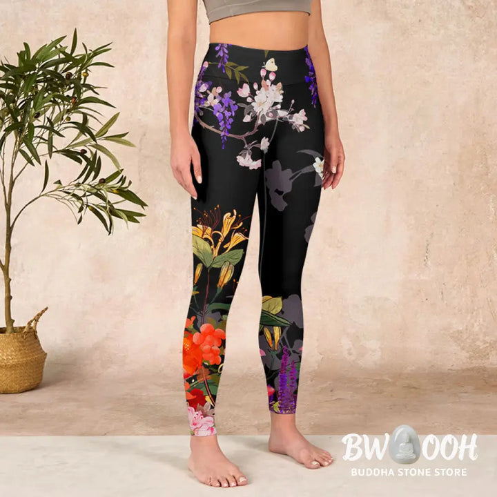 BWOOOH printed yoga leggings - Black Colorful Flowers Print Gym Legging