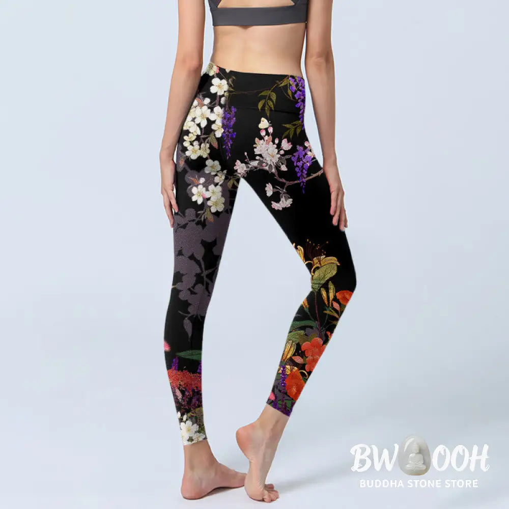 BWOOOH printed yoga leggings - Black Colorful Flowers Print Gym Legging