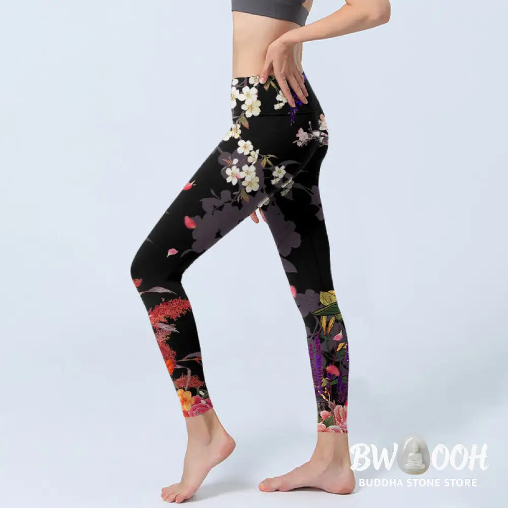 BWOOOH printed yoga leggings - Black Colorful Flowers Print Gym Legging