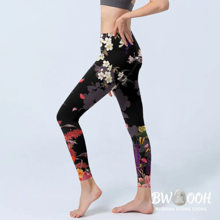BWOOOH printed yoga leggings - Black Colorful Flowers Print Gym Legging