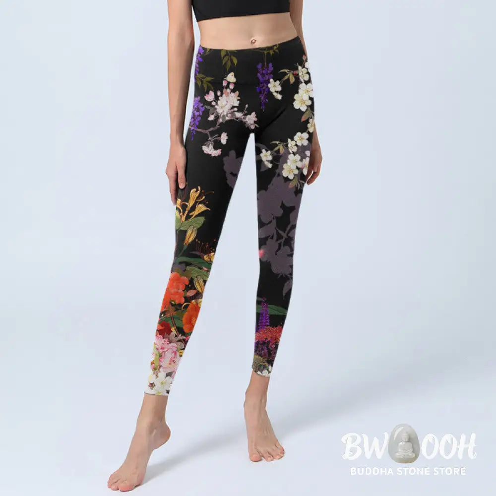 BWOOOH printed yoga leggings - Black Colorful Flowers Print Gym Legging