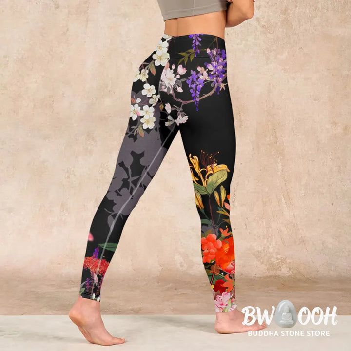 BWOOOH printed yoga leggings - Black Colorful Flowers Print Gym Legging
